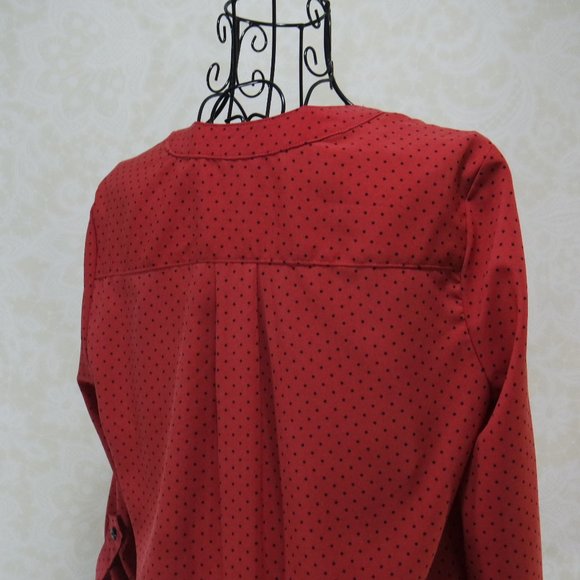 ELEMENTZ Red Orange Polka Dot Adjustable Sleeve Button Up Blouse Shirt - Picture 12 of 17